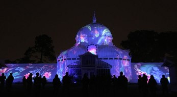 the Conservatory of Flowers lit up for the summer of love 50th anniversary in Golden Gate Park, SF